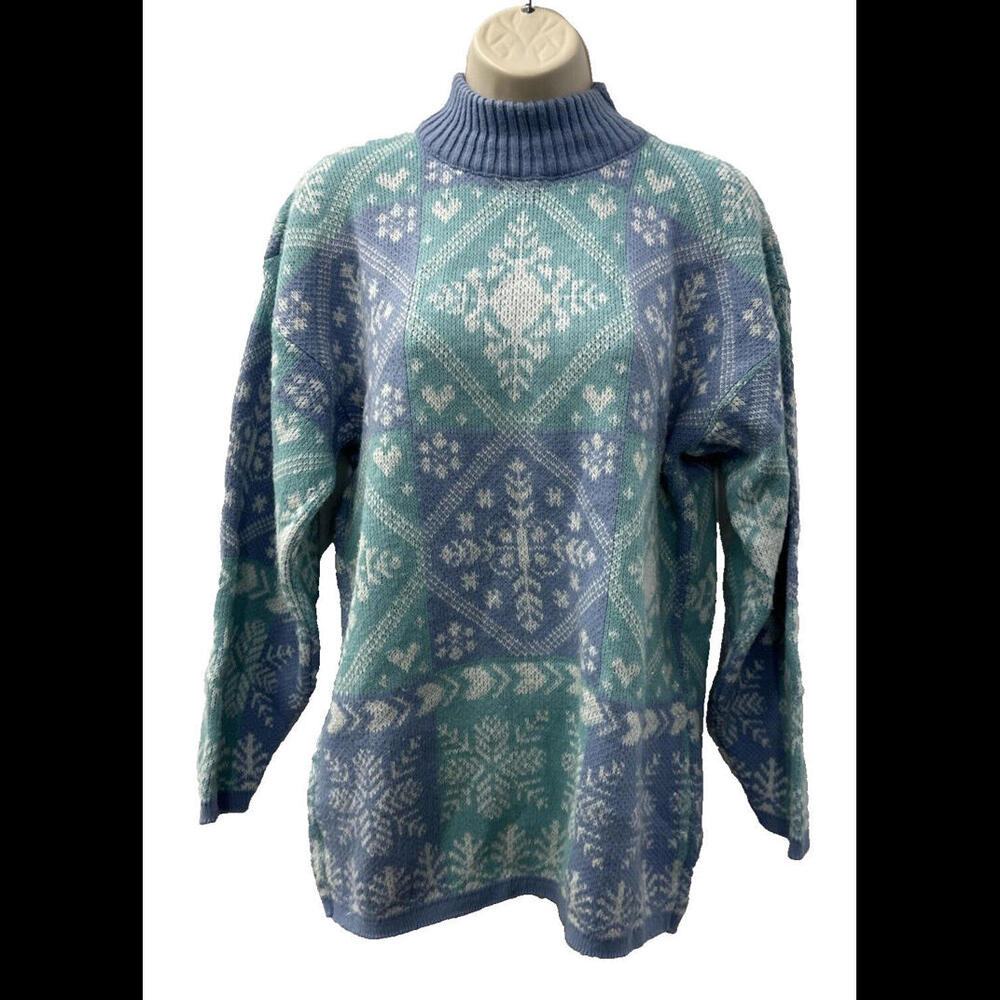 Vtg American Weekend Sweater Sz Large Sparkly Kawaii Winter Snow Geometric Blue